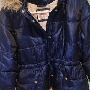 Blue Puffer Jacket with Faux Fur Hood